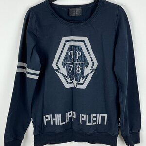Philipp Plein Sweater Sweatshirt Size L Dark Blue Long Sleeve Round Neck Stretch